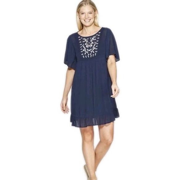 Knox Rose Dresses & Skirts - KNOX ROSE Navy Blue Embroidered Mini Peasant Dress Short Sleeve Women's Medium